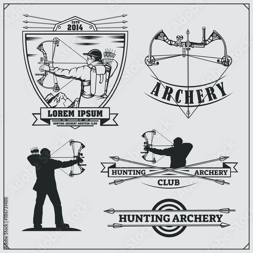 Set of archery sports emblems, labels and design elements. Vector illustration.