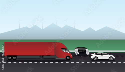 Electric vehicles on the road. Car, truck and autonomous bus. Vector illustration EPS 10