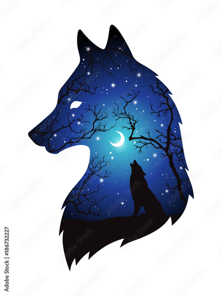 Naklejka premium Podwójna ekspozycja sylwetka wilka w nocnym lesie, błękitne niebo z półksiężycem i gwiazdami na białym tle. Ilustracja wektorowa projekt naklejki, druku lub tatuażu. Pogański totem, wiccanowska sztuka chowańca