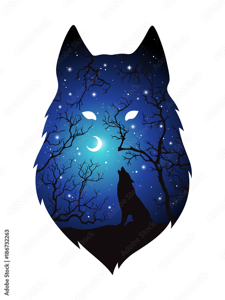 Obraz premium Podwójna ekspozycja sylwetka wilka w nocnym lesie, błękitne niebo z półksiężycem i gwiazdami na białym tle. Ilustracja wektorowa projekt naklejki, druku lub tatuażu. Pogański totem, wiccanowska sztuka chowańca