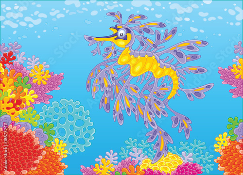 A leafy sea dragon swimming in blue water over a colorful coral reef in a tropical sea, a vector illustration in cartoon style