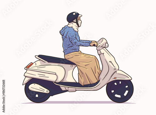 Isolated illustration of woman riding moped, motorcycle from side view in color