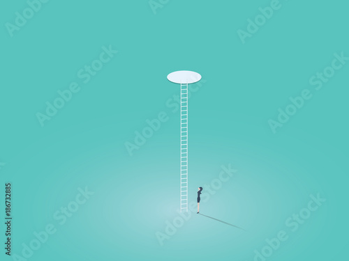 Business corporate ladder vector concept symbol with businesswoman climbing on ladder through hole. Symbol of success, hope, ambition, equality.