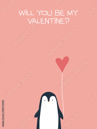 Valentine card vector template with cute, adorable penguin holding heart. Romantic, delightful cartoon background.