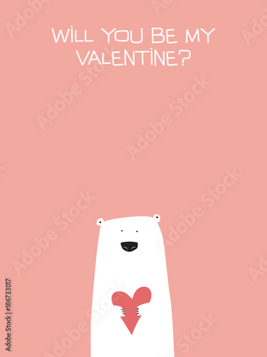 Valentine card vector template with cute, adorable polar bear holding heart. Romantic, delightful cartoon background.