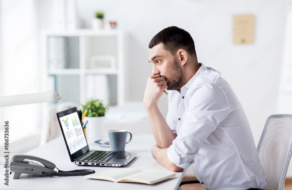 businessman with charts on laptop screen at office businessman with charts on laptop screen at office