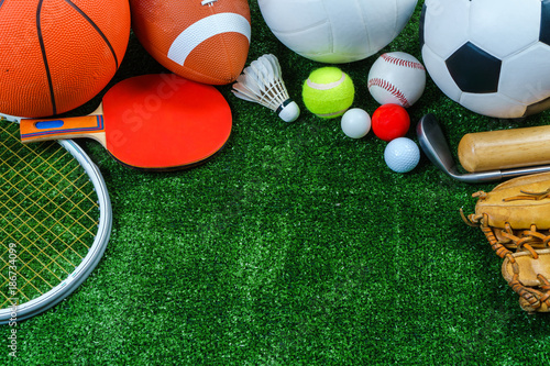 Sports Equipment on green grass, Top view