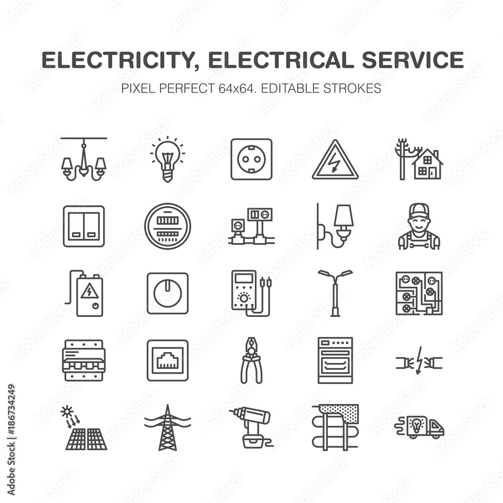 Electricity engineering vector flat line icons. Electrical equipment, power socket, torn wire, energy meter, lamp, multimeter Electrician services signs house repair illustration. Pixel perfect 64x64. Electricity engineering vector flat line icons. Electrical equipment, power socket, torn wire, energy meter, lamp, multimeter Electrician services signs house repair illustration. Pixel perfect 64x64.