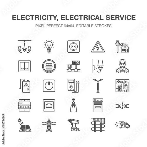 Electricity engineering vector flat line icons. Electrical equipment, power socket, torn wire, energy meter, lamp, multimeter Electrician services signs house repair illustration. Pixel perfect 64x64.