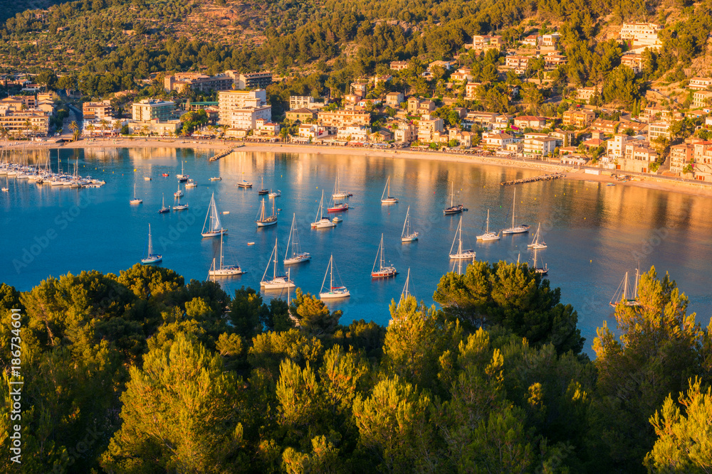 Boats and Marina in Port de Soller Mallorca Spain around sunset