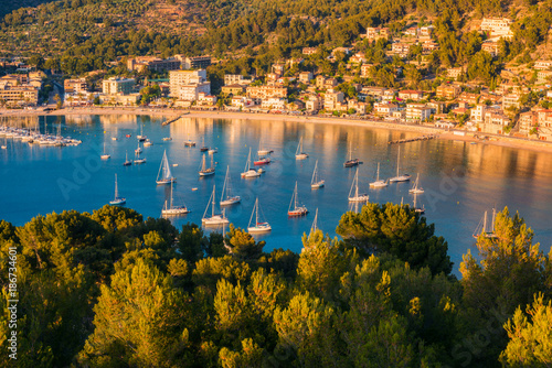 Obraz na płótnie Boats and Marina in Port de Soller Mallorca Spain around sunset w salonie