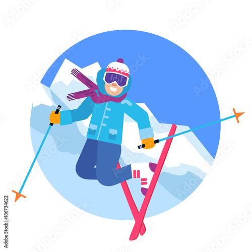 Jumping happy skier in the mountains vector illustration. Smiling skiing sportsmen character isolated