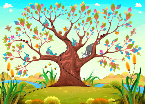 Happy tree with birds, insects and cat