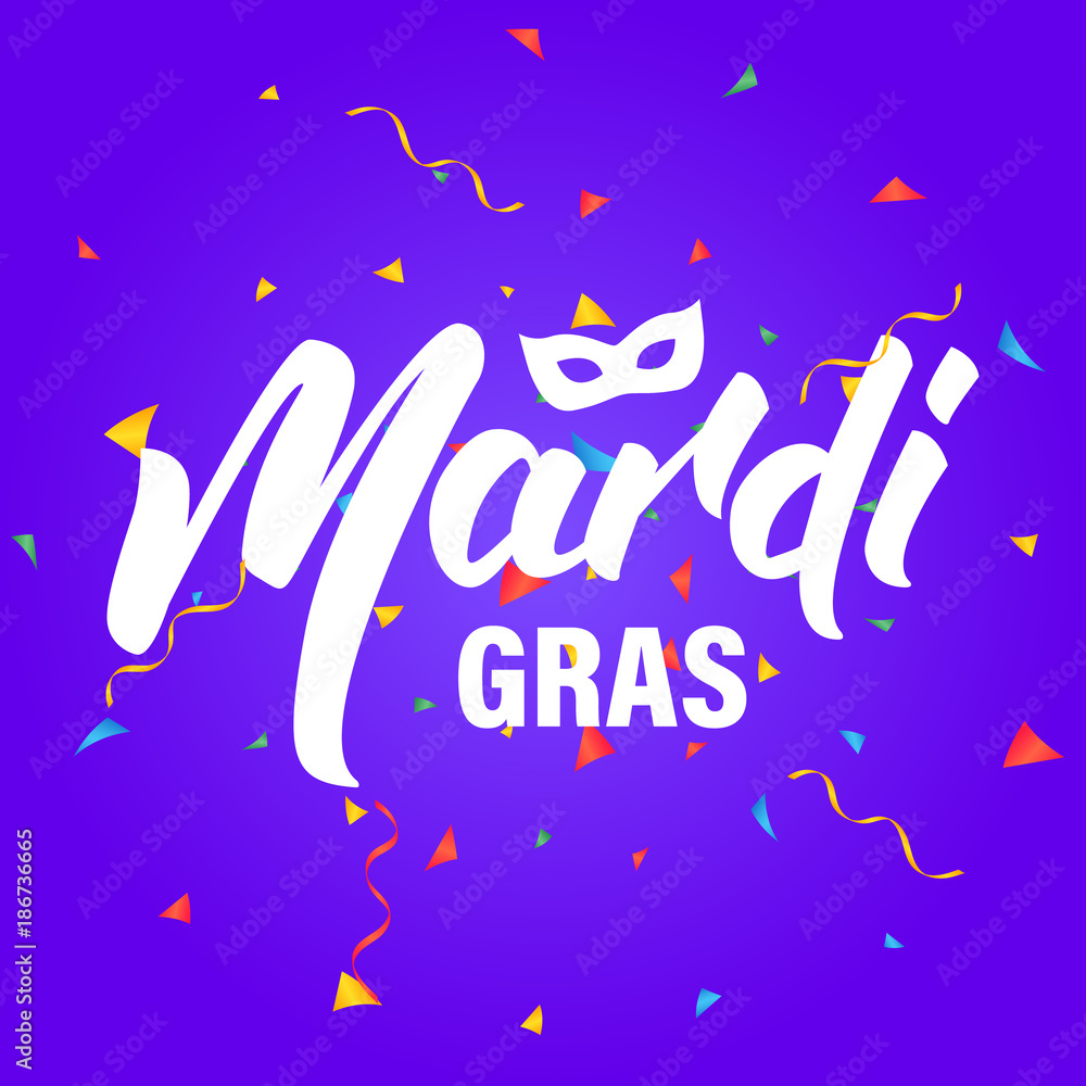 Mardi Gras. Card with Lettering Mardi Gras and confetti Mardi Gras. Card with Lettering Mardi Gras and confetti