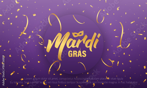 Mardi Gras. Background with Mardi Gras lettering and gold shiny confetti