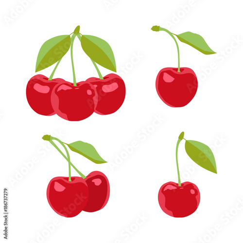 Ripe cherries on a white background. Berries with stems and green leaves.