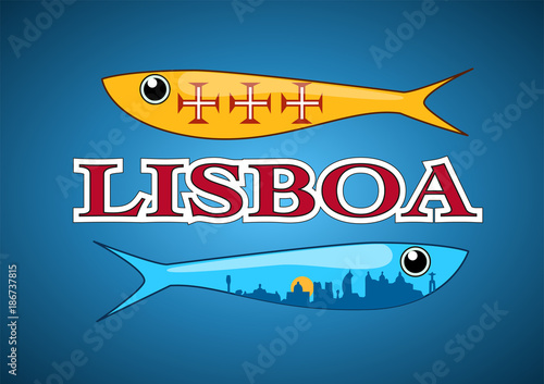 Two ornamental sardines with portuguese patterns fill; including Lisbon skyline and Lisboa text label. Vector illustration