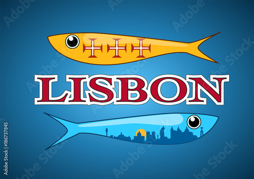 Two ornamental sardines with portuguese patterns fill; including Lisbon skyline and text label. Vector illustration