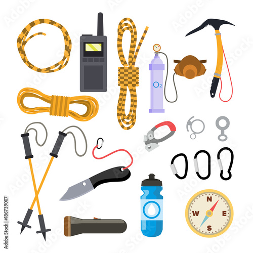 Climbing Icons Set Vector. Rock Trekking Equipment And Accessories. Isolated Flat Cartoon Illustration