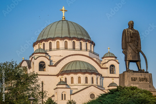 Belgrade, Serbia July 07, 2014: Church of Saint Sava & Monument to Karadjordje © nedomacki