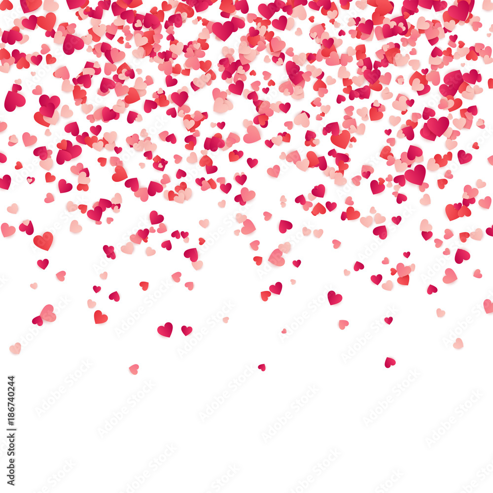 Heart confetti. Valentines, Womens, Mothers day background with falling red and pink paper hearts, petals. Greeting wedding card. February 14, love.White background.