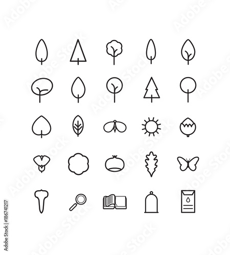 collection de pictos pour arboretum, jardin botanique, différentes espèces d'arbres 

