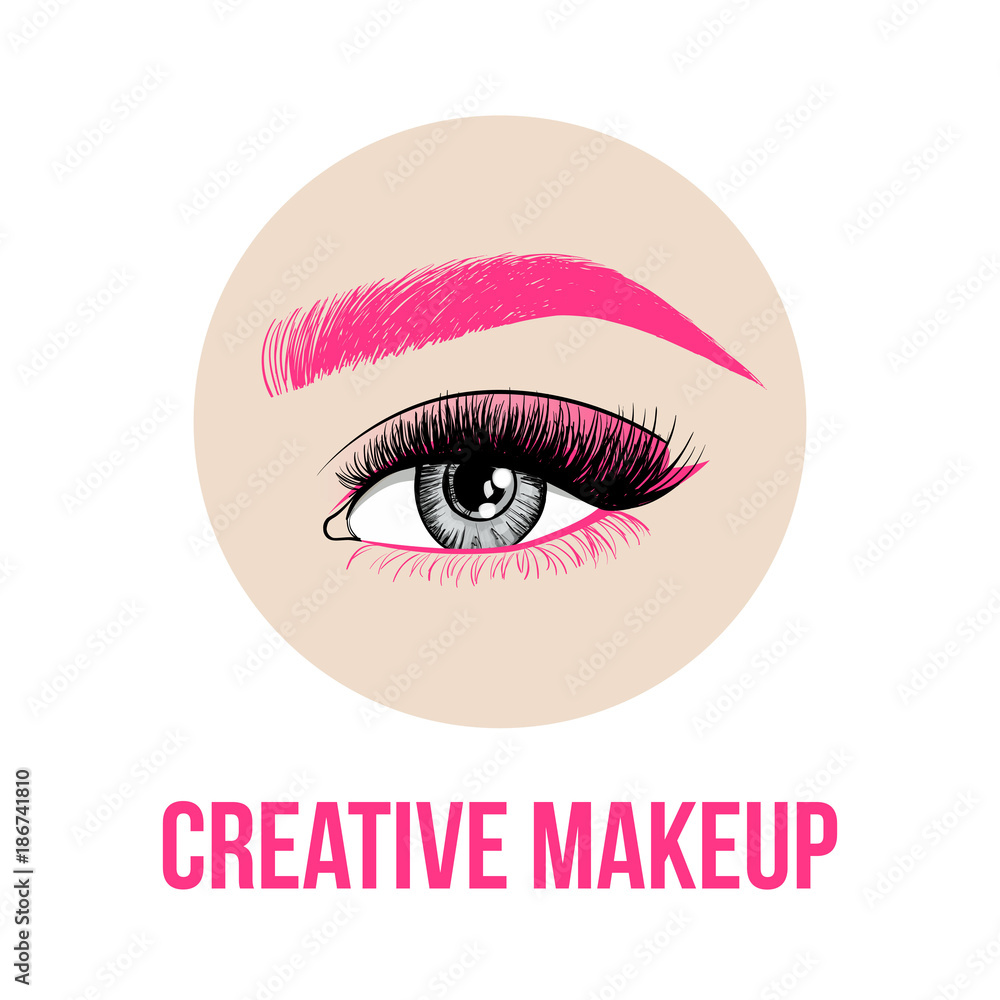 Beautiful woman eye with creative makeup. Pink eyebrow, pink eyelashes and unusual makeup with pink shadows. Fashion eye on beige circle. Logo design for creative makeup artist. Vector illustration Beautiful woman eye with creative makeup. Pink eyebrow, pink eyelashes and unusual makeup with pink shadows. Fashion eye on beige circle. Logo design for creative makeup artist. Vector illustration