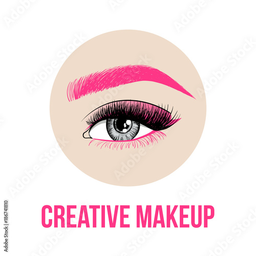 Beautiful woman eye with creative makeup. Pink eyebrow, pink eyelashes and unusual makeup with pink shadows. Fashion eye on beige circle. Logo design for creative makeup artist. Vector illustration