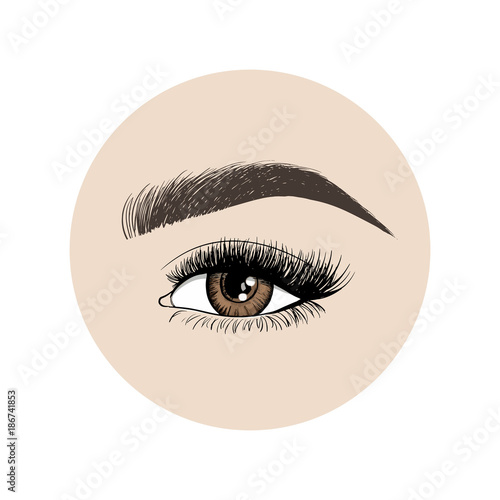 Vector of beautiful brown woman's eye in a beige circle. Logo design for makeup artist. Vector illustration