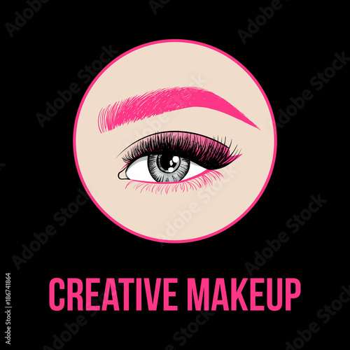 Beautiful Woman Eye With Creative Makeup Pink Eyebrow Pink Eyelashes And Unusual Makeup With Pink Shadows Fashion Eye On Beige Circle Logo Design For Creative Makeup Artist Vector Illustration Stock Vector