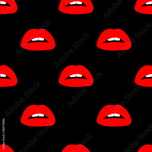 Cosmetics and makeup seamless pattern. Closeup beautiful lips of woman with red lipstick on black background. Sexy lip make-up. Open mouth. Sweet kiss. Seamless pattern in pop style