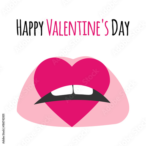 Pink lips with print of heart. Happy Valentine's Day lettering text card, background, banner. Pink kiss cartoon sexy lips icons for Valentines day. Valentine lips, heart, vector illustration photo