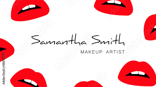 Makeup artist business card template with a red silhouette of open lips with teeth print. Pop art style, fashion design cards. Isolated business card template vector.