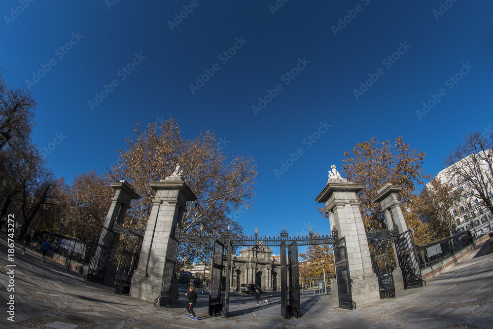 Fish-eye view 180 of one of the entrance to the Retiro park in Madrid