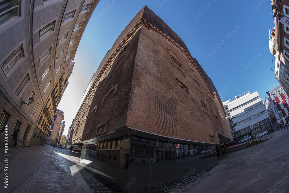 Fish eye 180 view of a unique building in the city of Madrid Fish eye 180 view of a unique building in the city of Madrid