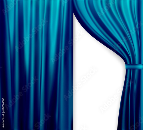 Naturalistic image of Curtain, open curtains Blue color. Vector Illustration.