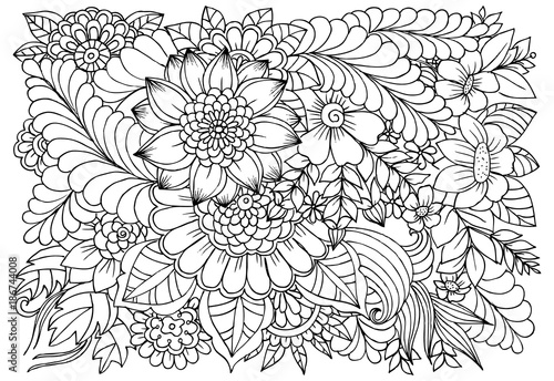 Black and white flower pattern for adult coloring book. Doodle floral drawing. Art therapy coloring page. Printable card