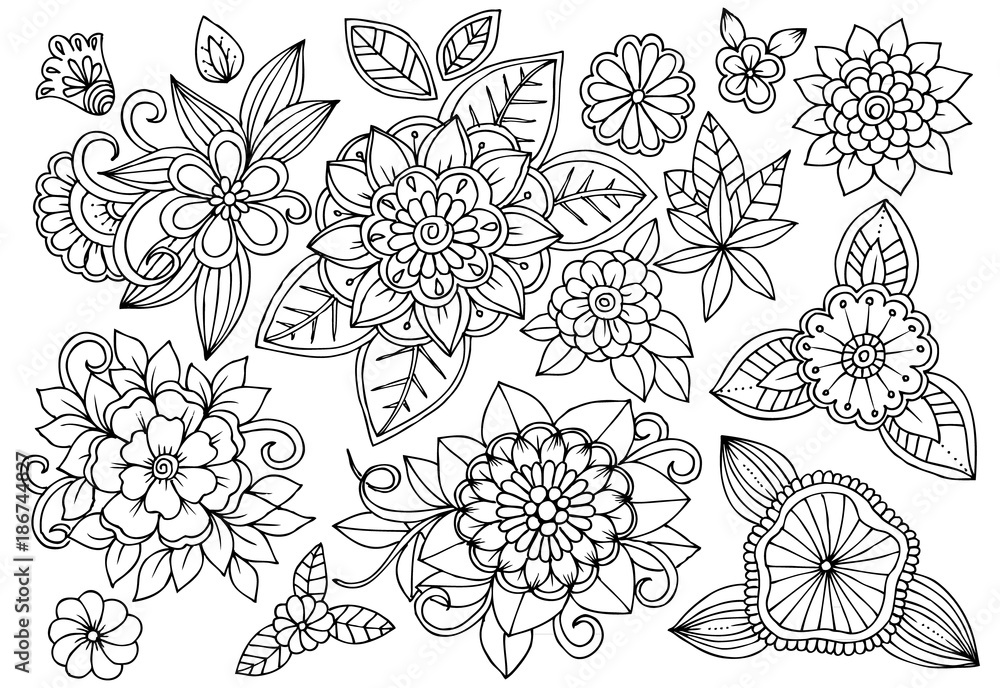 Set of black and white flowers for adult coloring book. Vector Set of black and white flowers for adult coloring book. Vector