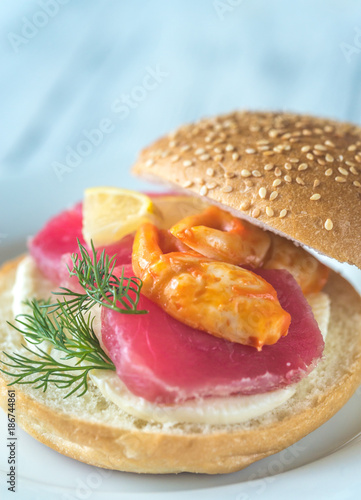 Sandwich with tuna, crab claw and mozzarella photo