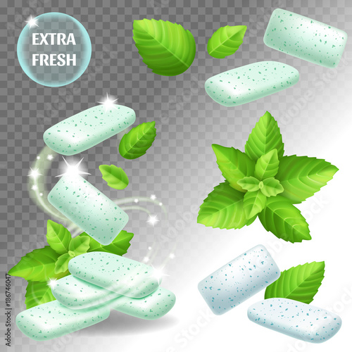 Set of mints gum with leaves. Realistic vector illustration.