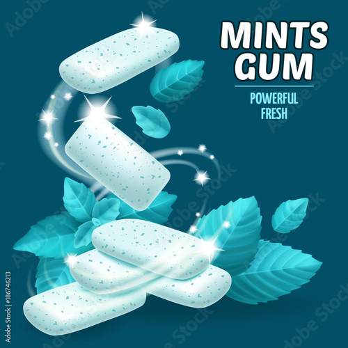 Poster of mint gum with leaves. Realistic vector illustration.