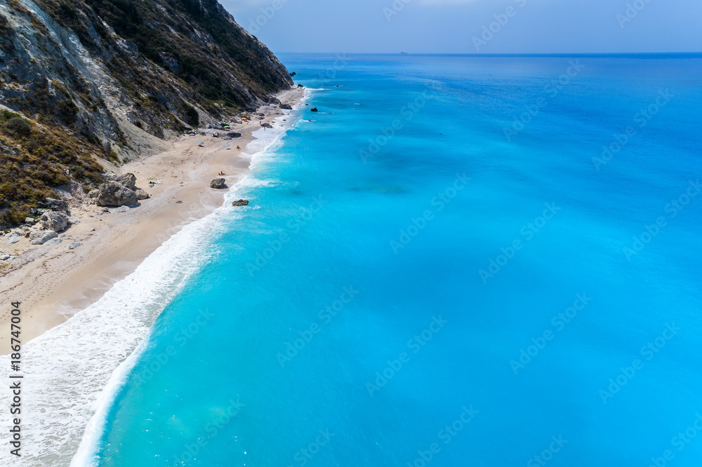 Aerial view of famous beach of Megali Petra on the island of Lefkada, Greece