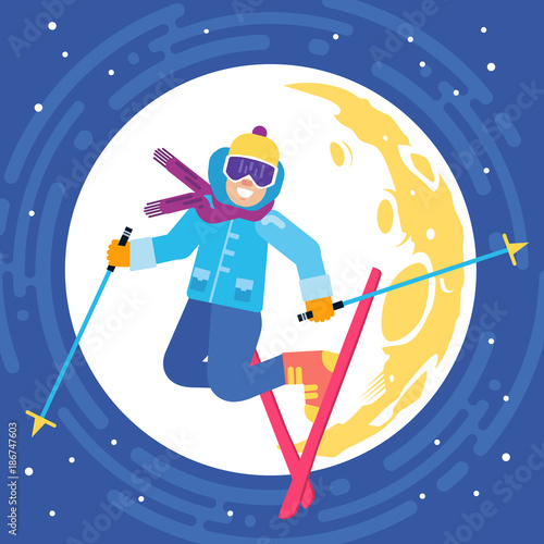 Jumping happy skier on the moon background vector illustration. Smiling skiing sportsmen character