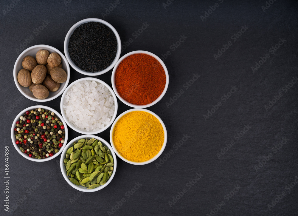 A variety of exotic spices, top view