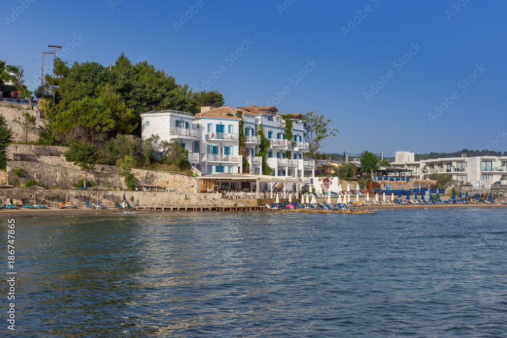 Zakynthos resort landscape with hotels near blue sea