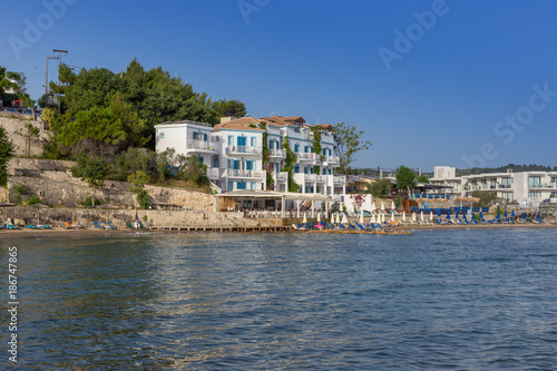 Zakynthos resort landscape with hotels near blue sea