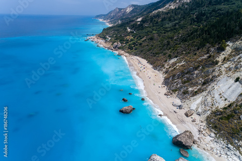 Aerial view of famous beach of Megali Petra on the island of Lefkada, Greece