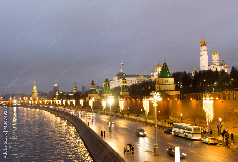 Russia, Moscow, Kremlin in evening.