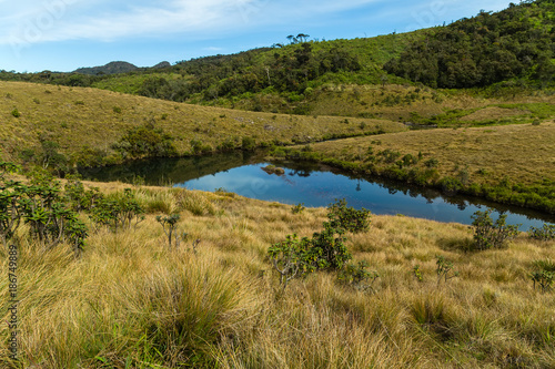 lake from small river, Horton Plains National Park highlands of Sri Lanka and is covered by montane grassland and cloud forest. Ceylon, Asia.