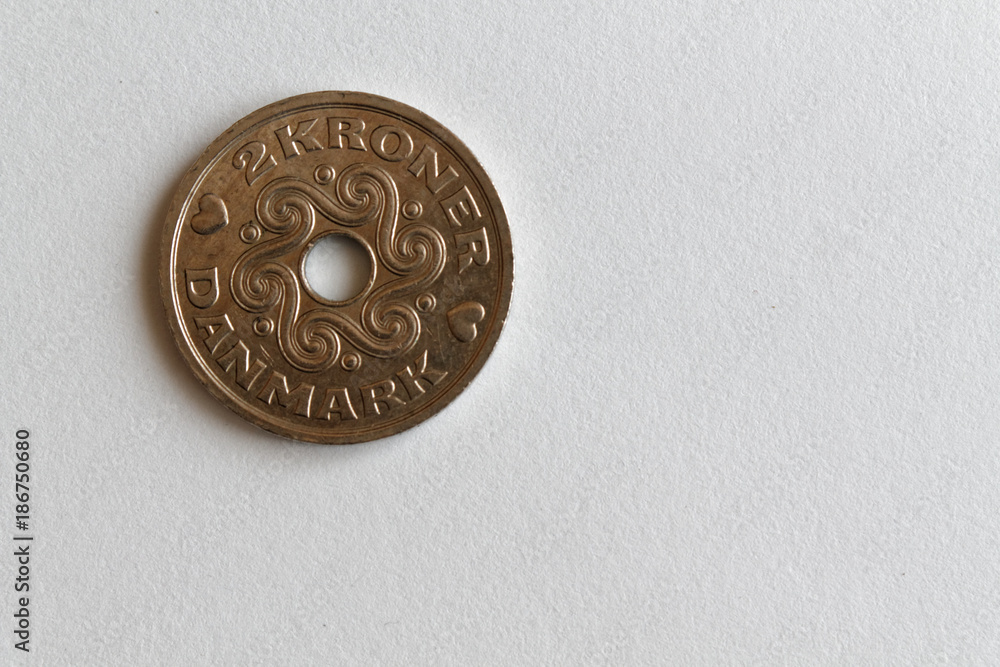 One Denmark coin Denomination is two krone (crown) lie on isolated white background